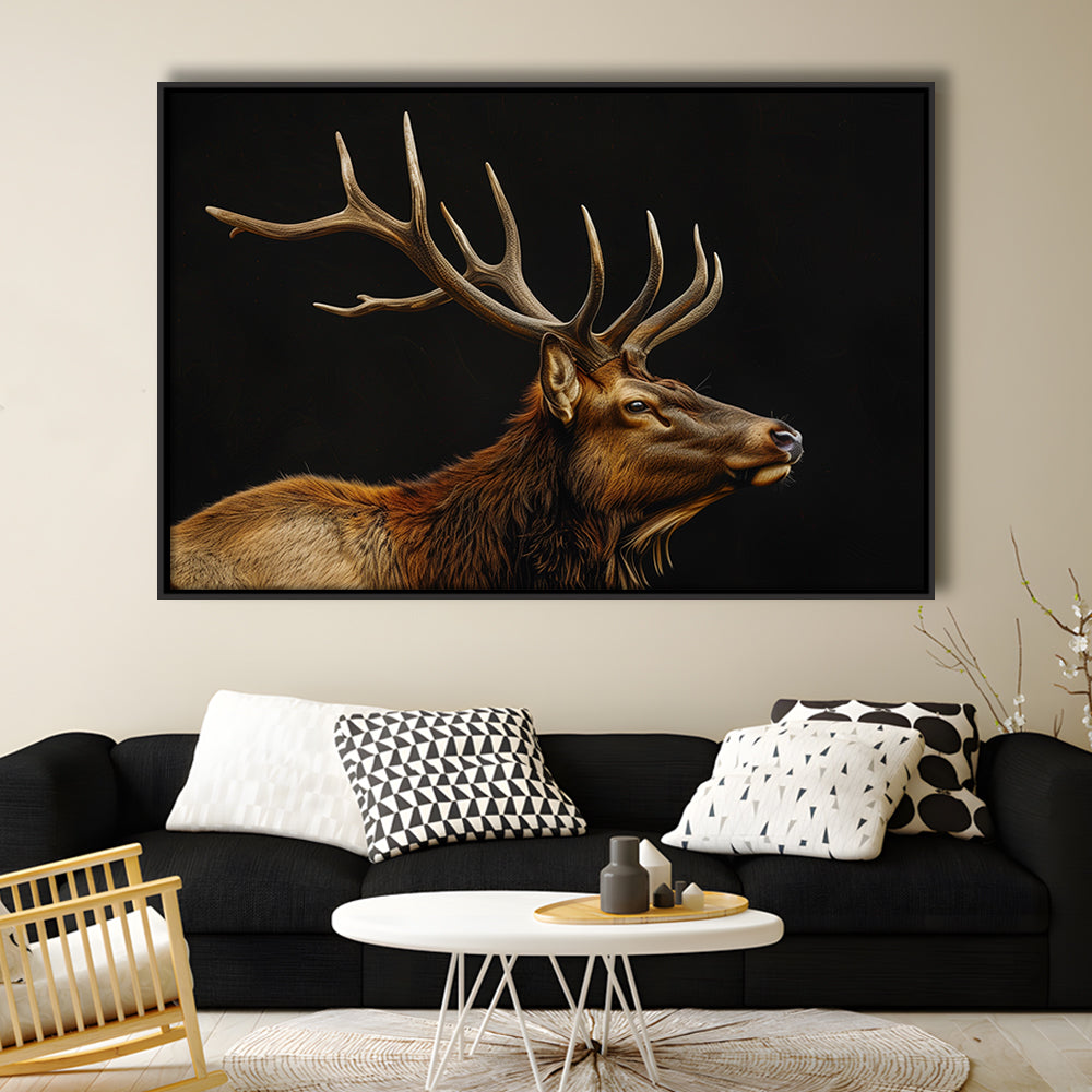 Portrait Elk With Antlers Black Background, Hunting Art Decor V1, Floating Framed Canvas Print Wall Art