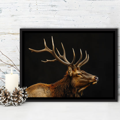 Portrait Elk With Antlers Black Background, Hunting Art Decor V1, Floating Framed Canvas Print Wall Art