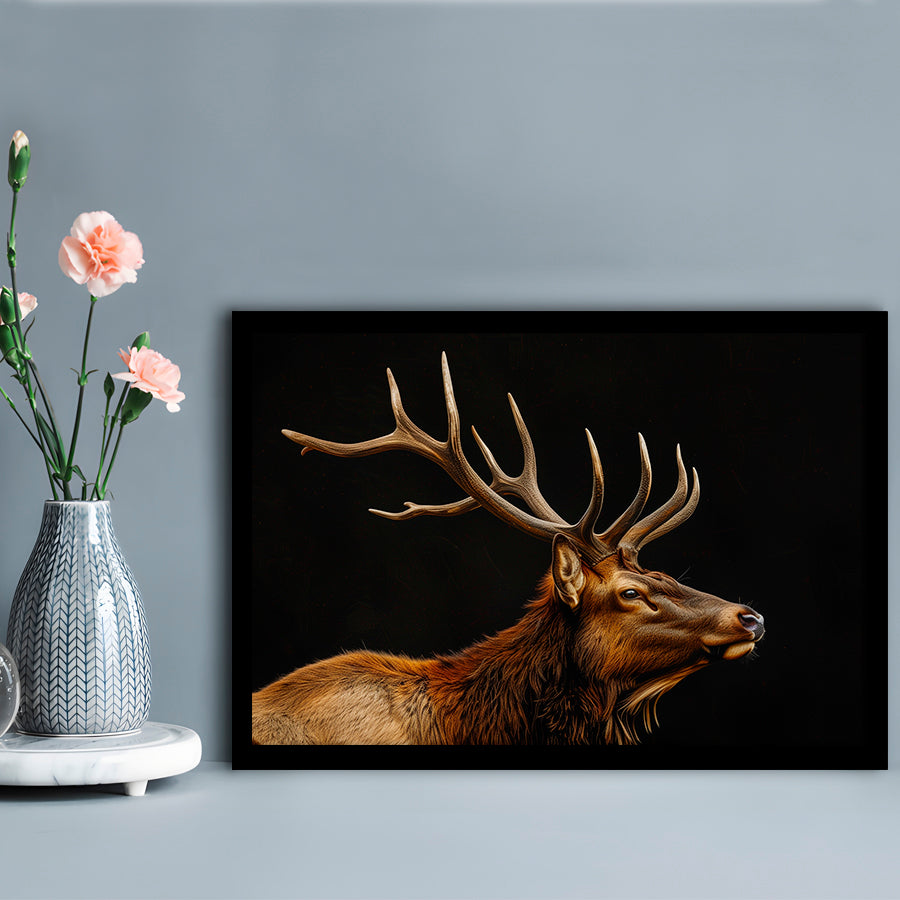 Portrait Elk With Antlers Black Background, Hunting Art Decor V1, Framed Art Print Wall Decor, Framed Picture