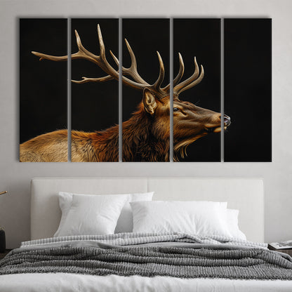 Portrait Elk With Antlers Black Background, Hunting Art V1, Multi Panels Canvas Print Wall Art