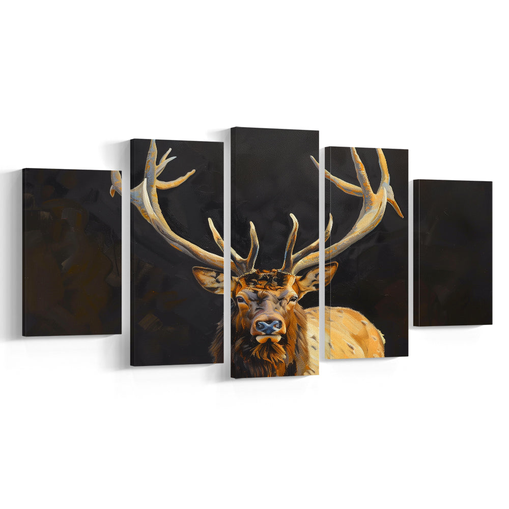Portrait Elk With Antlers Black Background, Hunting Art Decor V2, Mixed Panels Canvas Print Wall Art