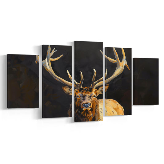 Portrait Elk With Antlers Black Background, Hunting Art Decor V2, Mixed Panels Canvas Print Wall Art