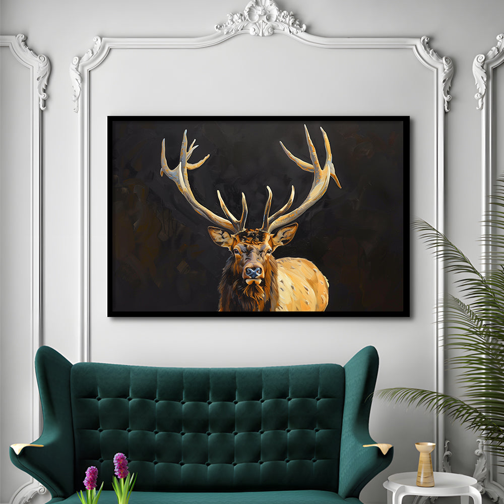 Portrait Elk With Antlers Black Background, Hunting Art Decor V2, Framed Art Print Wall Decor, Framed Picture