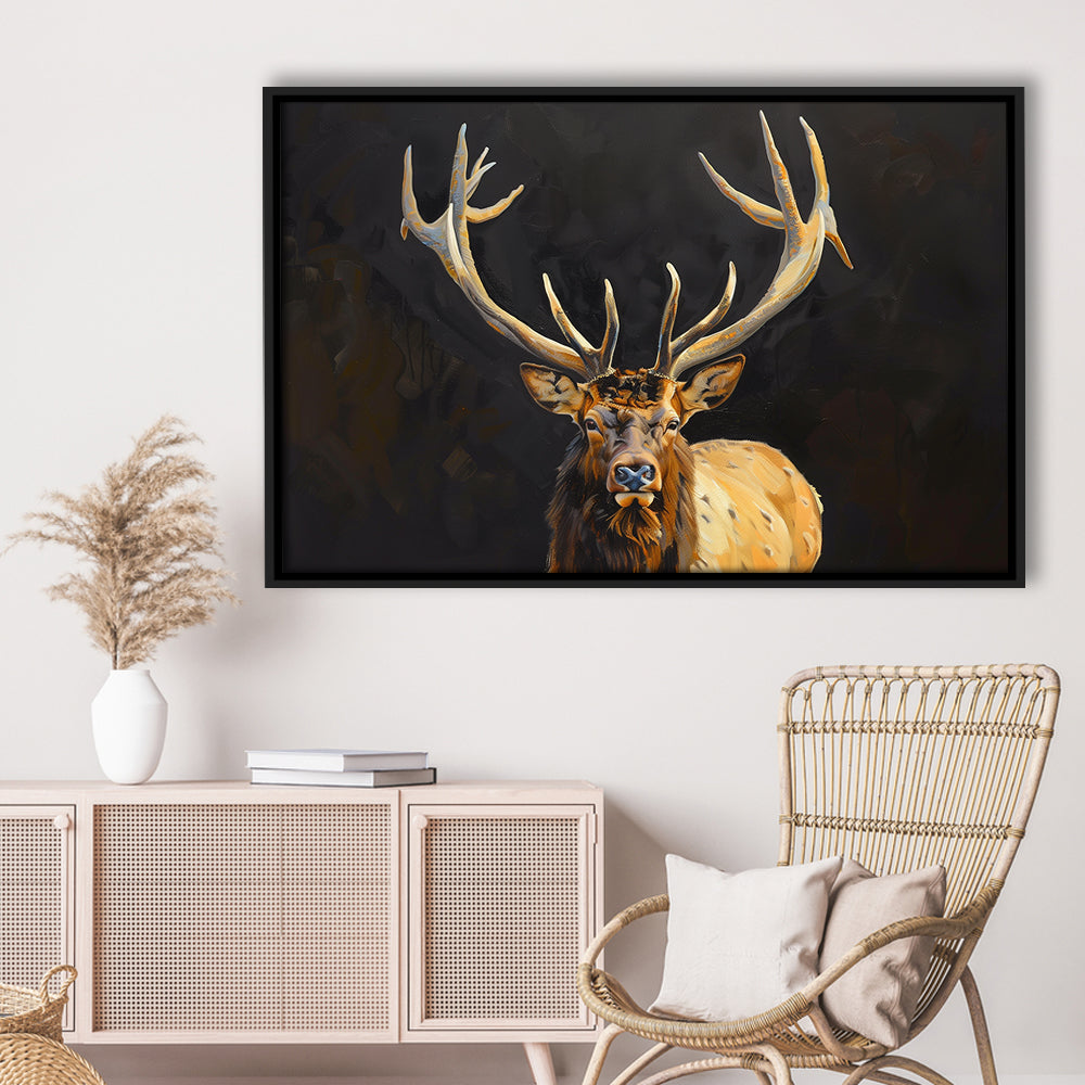 Portrait Elk With Antlers Black Background, Hunting Art Decor V2, Floating Framed Canvas Print Wall Art