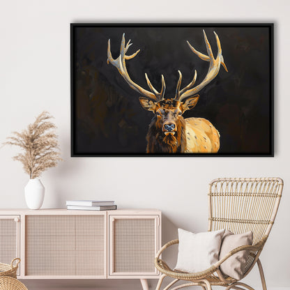 Portrait Elk With Antlers Black Background, Hunting Art Decor V2, Floating Framed Canvas Print Wall Art