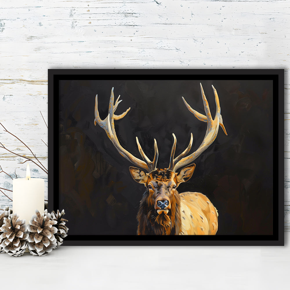 Portrait Elk With Antlers Black Background, Hunting Art Decor V2, Floating Framed Canvas Print Wall Art