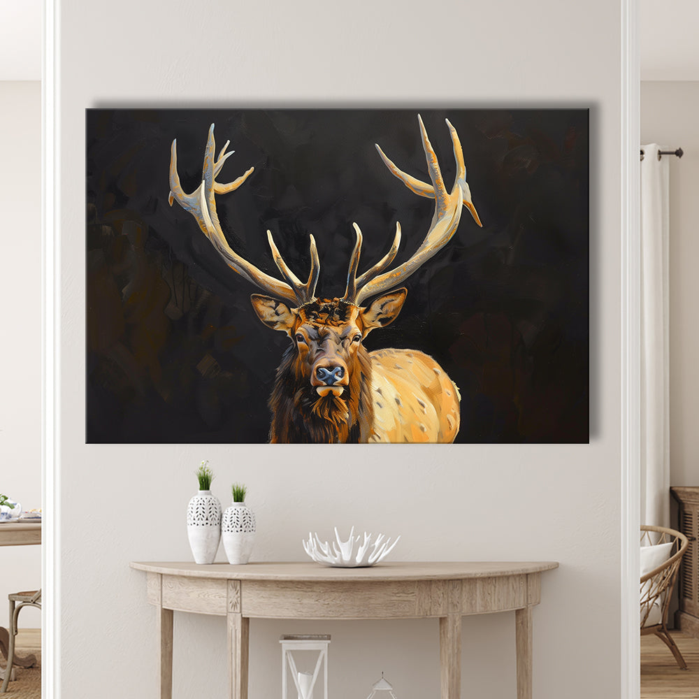 Portrait Elk With Antlers Black Background, Hunting Art Decor V2, Canvas Print Wall Art Home Decor