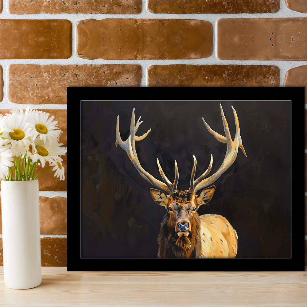 Portrait Elk With Antlers Black Background, Hunting Art Decor V2, Framed Art Print Wall Decor, Framed Picture