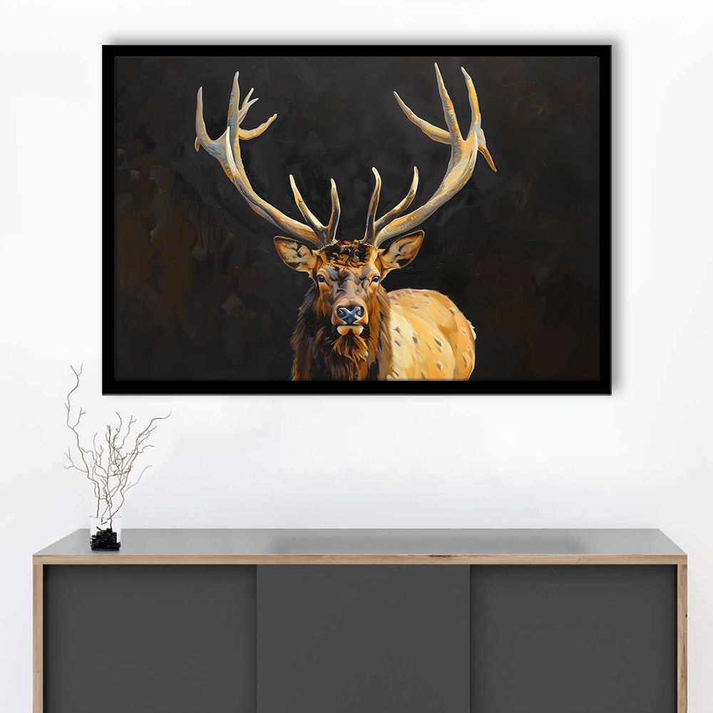 Portrait Elk With Antlers Black Background, Hunting Art Decor V2, Framed Art Print Wall Decor, Framed Picture