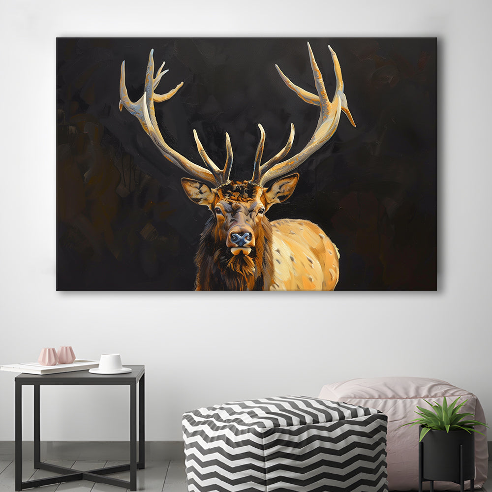 Portrait Elk With Antlers Black Background, Hunting Art Decor V2, Canvas Print Wall Art Home Decor