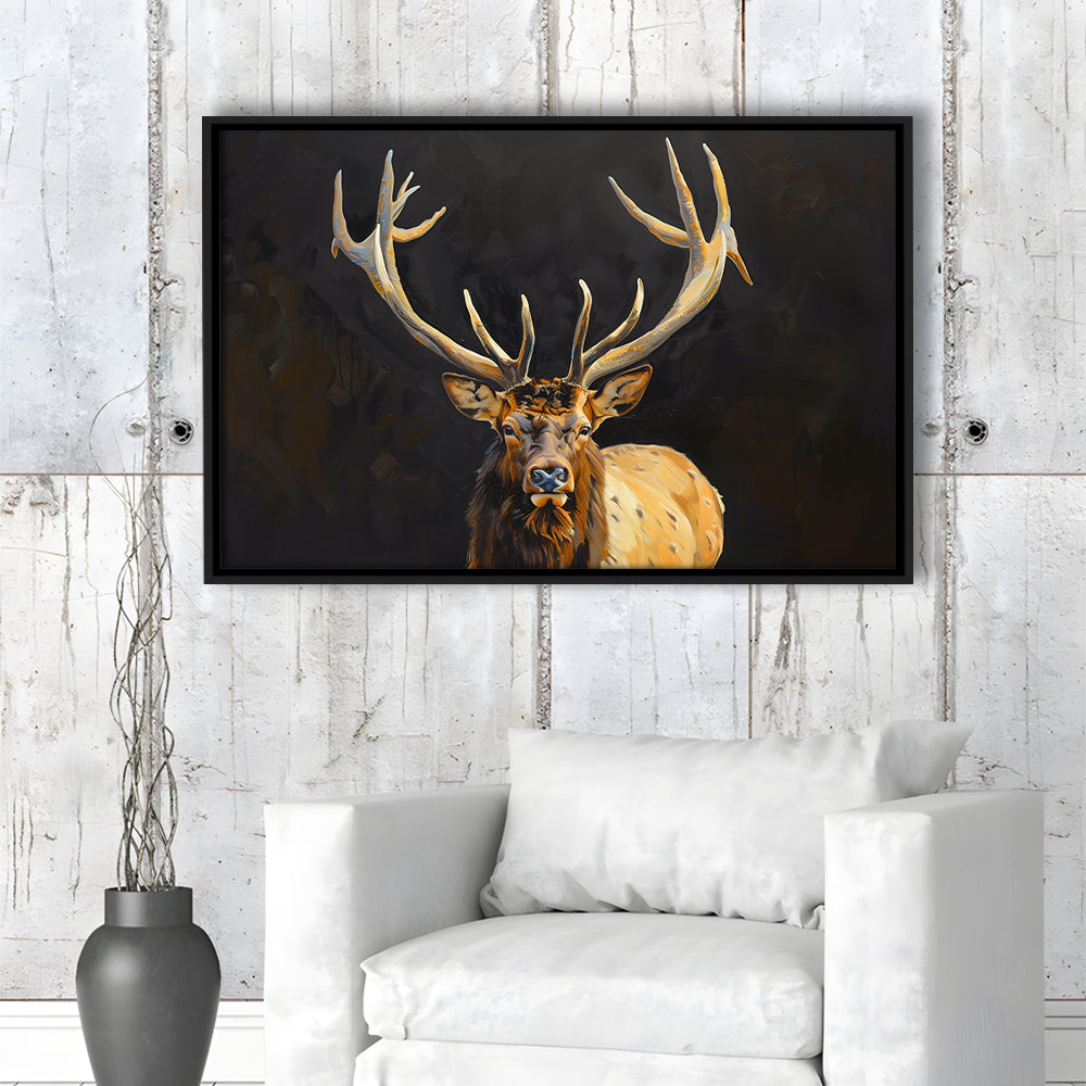 Portrait Elk With Antlers Black Background, Hunting Art Decor V2, Floating Framed Canvas Print Wall Art