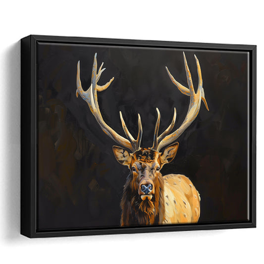 Portrait Elk With Antlers Black Background, Hunting Art Decor V2, Floating Framed Canvas Print Wall Art