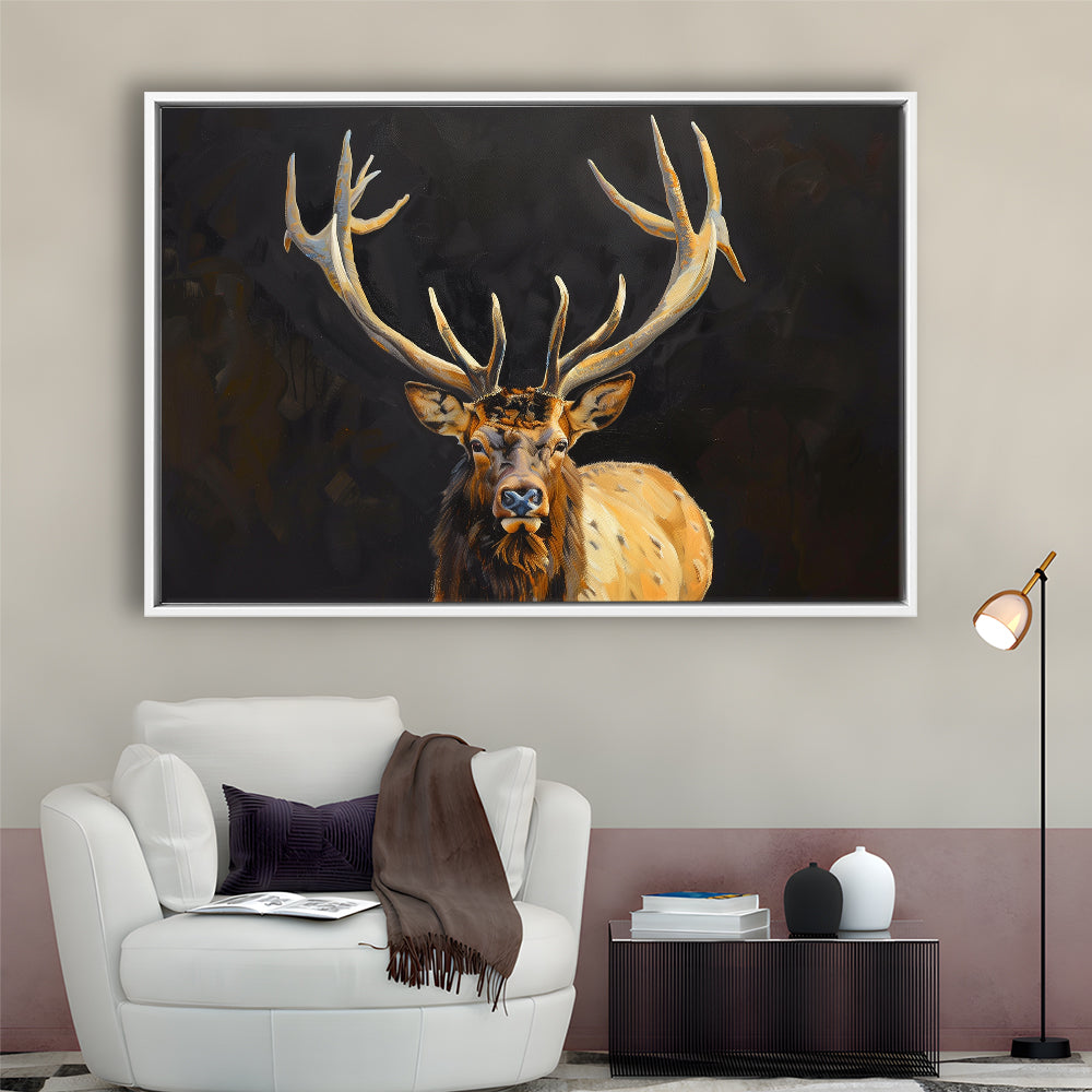 Portrait Elk With Antlers Black Background, Hunting Art Decor V2, Floating Framed Canvas Print Wall Art