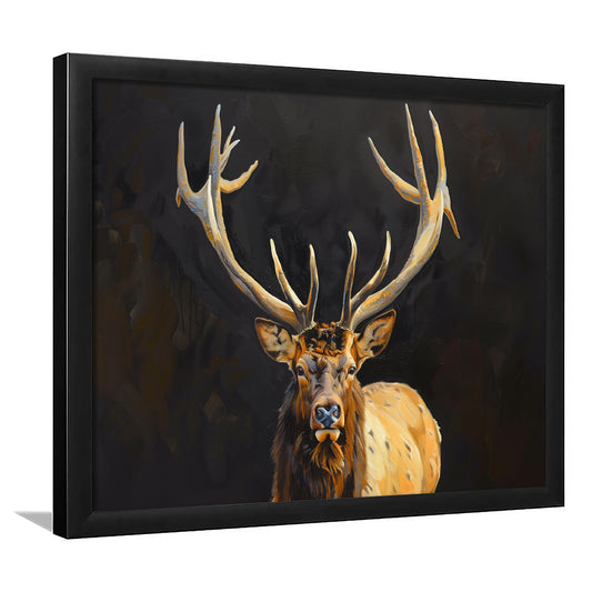 Portrait Elk With Antlers Black Background, Hunting Art Decor V2, Framed Art Print Wall Decor, Framed Picture