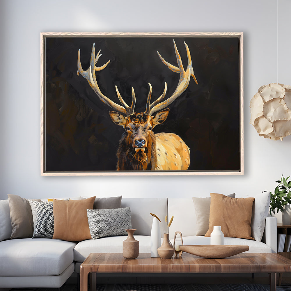 Portrait Elk With Antlers Black Background, Hunting Art Decor V2, Floating Framed Canvas Print Wall Art