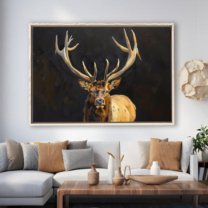 Portrait Elk With Antlers Black Background, Hunting Art Decor V2, Floating Framed Canvas Print Wall Art