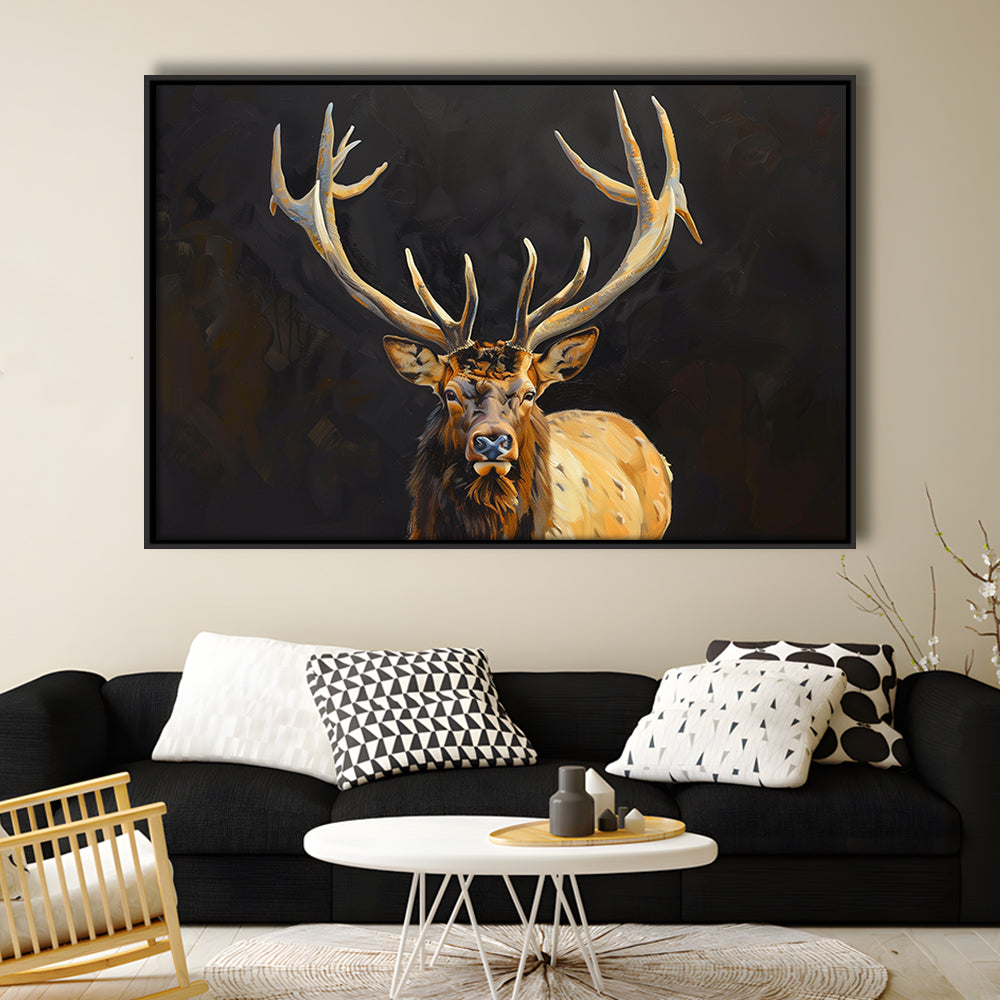 Portrait Elk With Antlers Black Background, Hunting Art Decor V2, Floating Framed Canvas Print Wall Art