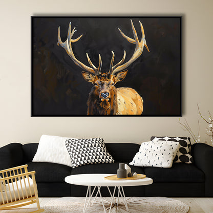 Portrait Elk With Antlers Black Background, Hunting Art Decor V2, Floating Framed Canvas Print Wall Art