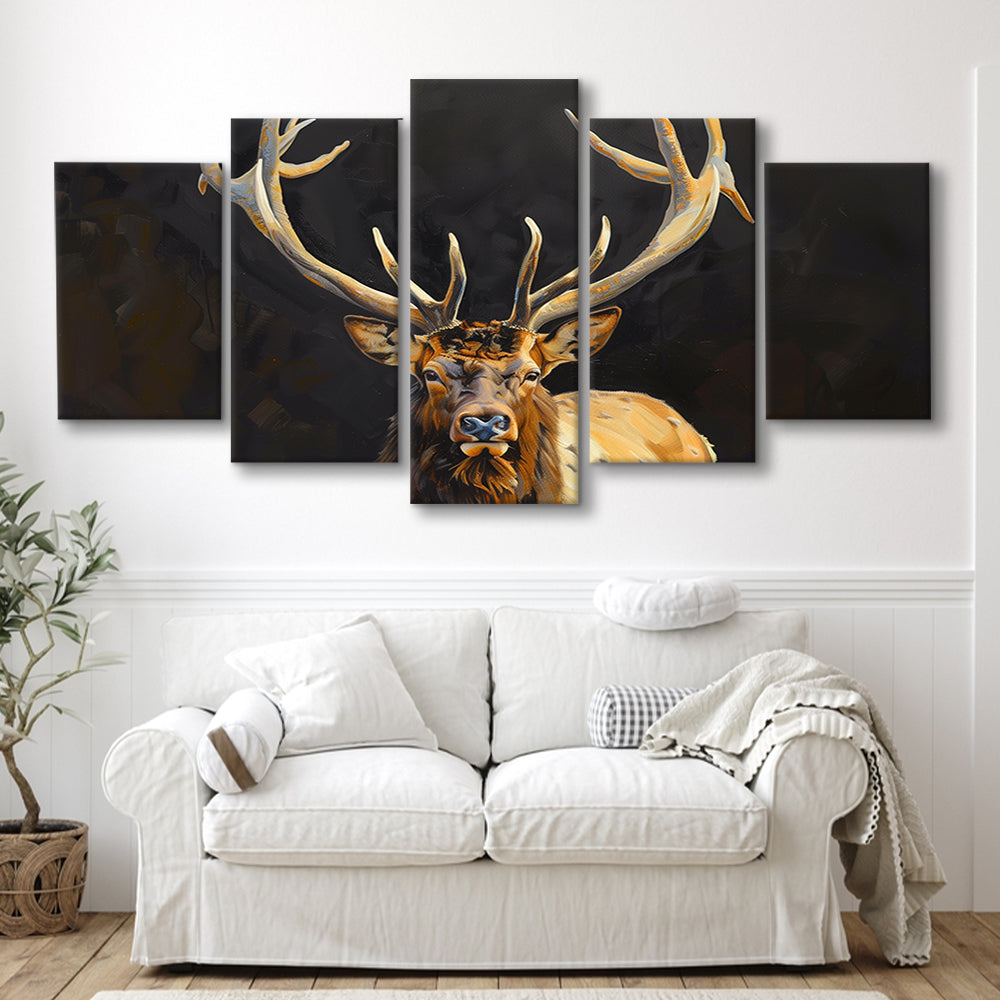 Portrait Elk With Antlers Black Background, Hunting Art Decor V2, Mixed Panels Canvas Print Wall Art