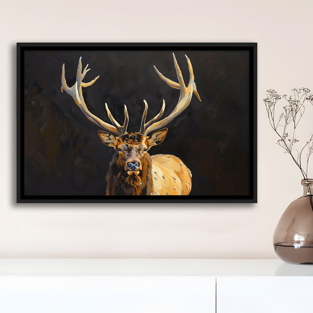Portrait Elk With Antlers Black Background, Hunting Art Decor V2, Floating Framed Canvas Print Wall Art