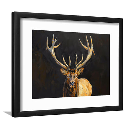 Portrait Elk With Antlers Black Background, Hunting Art Decor V2, Framed Art Print White Border Wall Decor