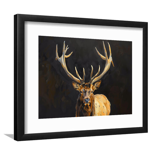 Portrait Elk With Antlers Black Background, Hunting Art Decor V2, Framed Art Print White Border Wall Decor