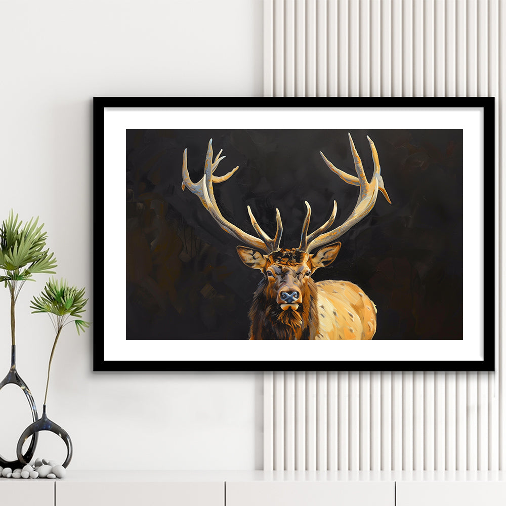 Portrait Elk With Antlers Black Background, Hunting Art Decor V2, Framed Art Print White Border Wall Decor