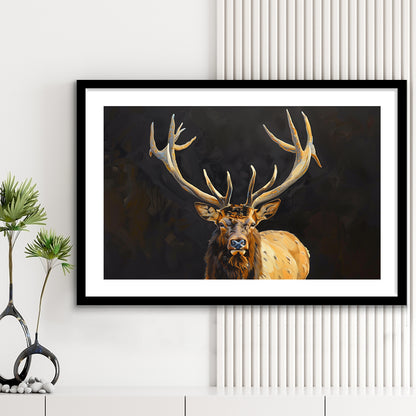 Portrait Elk With Antlers Black Background, Hunting Art Decor V2, Framed Art Print White Border Wall Decor