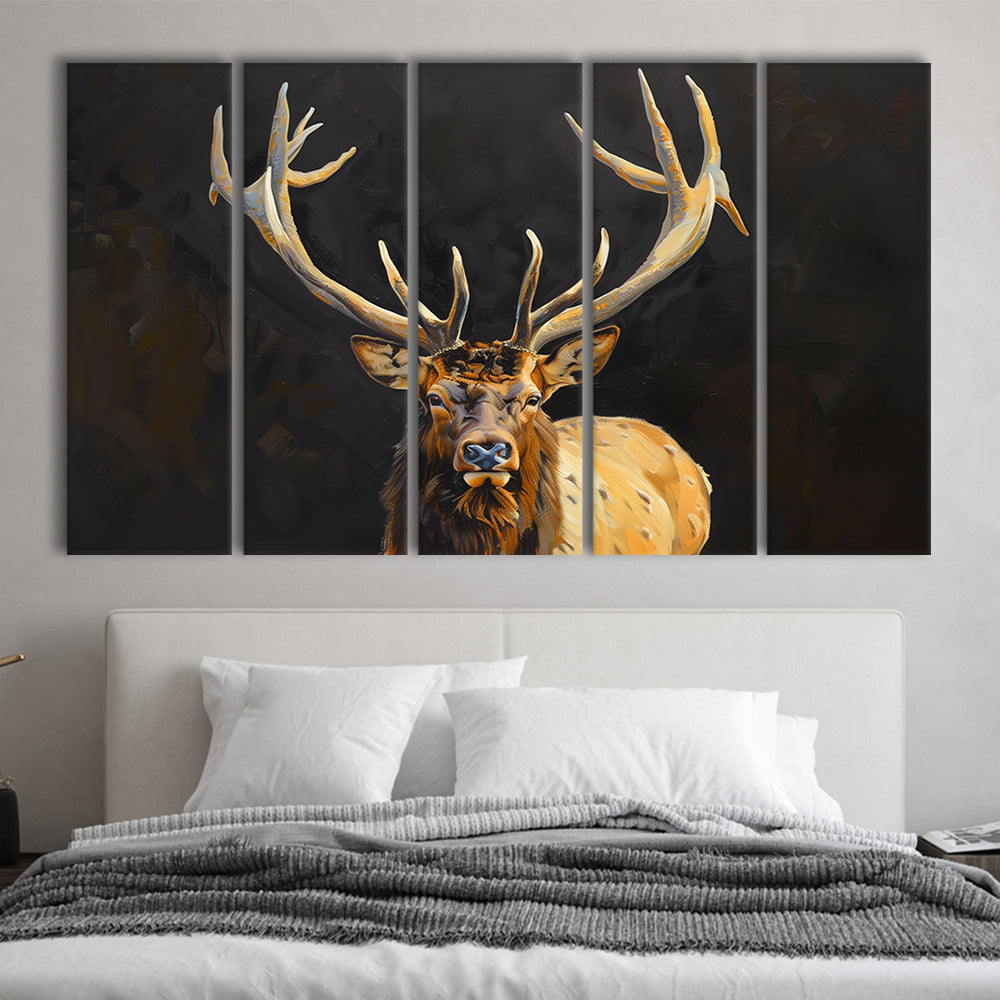 Portrait Elk With Antlers Black Background, Hunting Art V2, Multi Panels Canvas Print Wall Art
