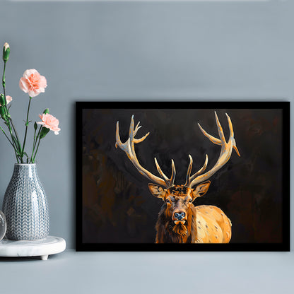 Portrait Elk With Antlers Black Background, Hunting Art Decor V2, Framed Art Print Wall Decor, Framed Picture