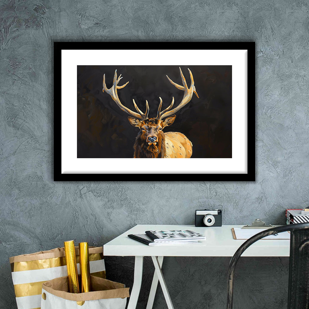 Portrait Elk With Antlers Black Background, Hunting Art Decor V2, Framed Art Print White Border Wall Decor