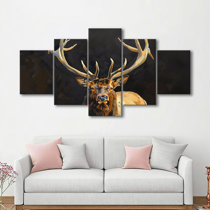 Portrait Elk With Antlers Black Background, Hunting Art Decor V2, Mixed Panels Canvas Print Wall Art