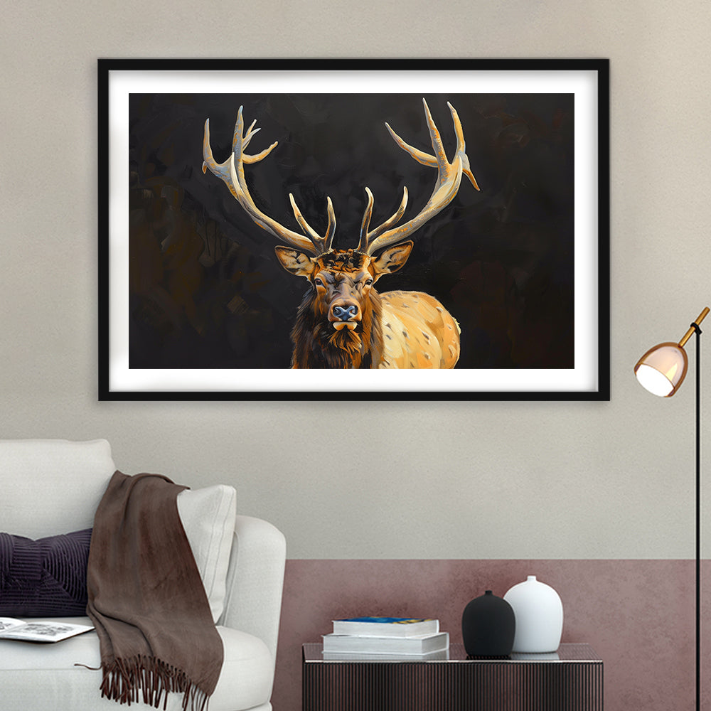 Portrait Elk With Antlers Black Background, Hunting Art Decor V2, Framed Art Print White Border Wall Decor