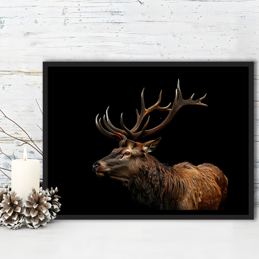 Portrait Elk With Antlers Black Background, Hunting Art Decor V3, Floating Framed Canvas Print Wall Art