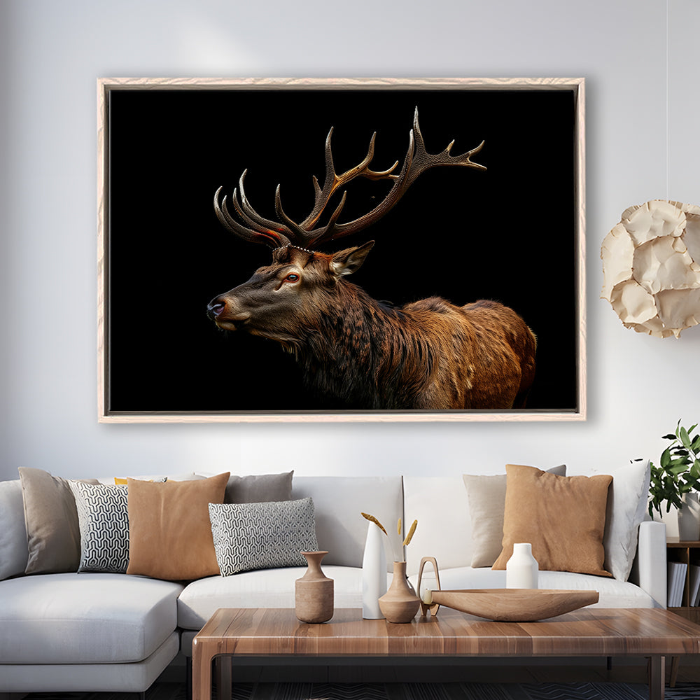 Portrait Elk With Antlers Black Background, Hunting Art Decor V3, Floating Framed Canvas Print Wall Art