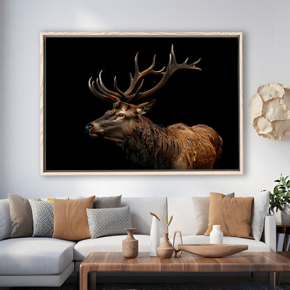 Portrait Elk With Antlers Black Background, Hunting Art Decor V3, Floating Framed Canvas Print Wall Art