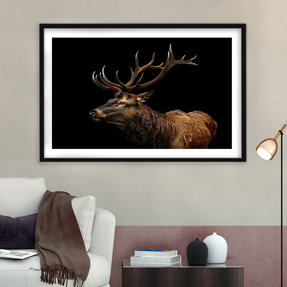 Portrait Elk With Antlers Black Background, Hunting Art Decor V3, Framed Art Print White Border Wall Decor
