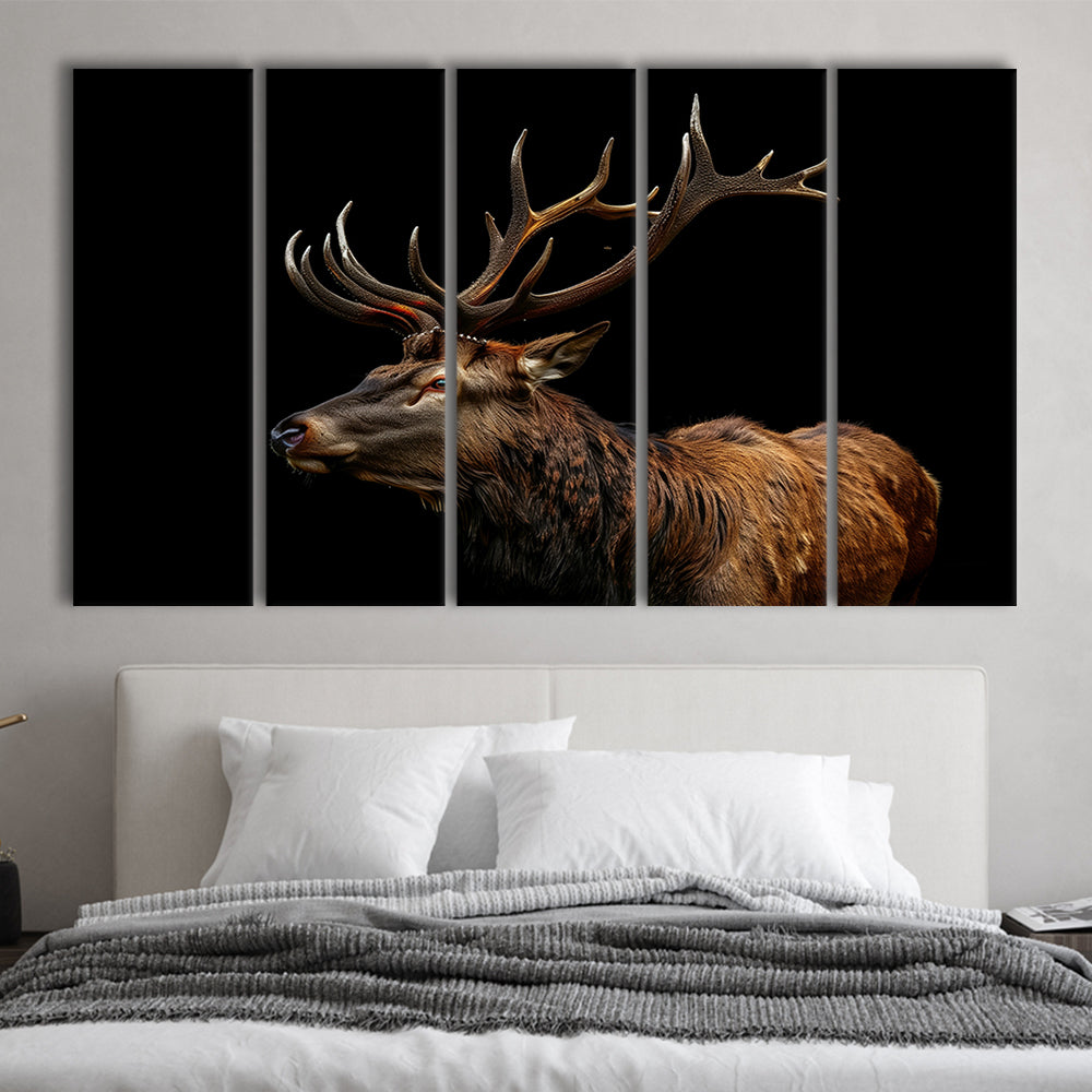 Portrait Elk With Antlers Black Background, Hunting Art V3, Multi Panels Canvas Print Wall Art