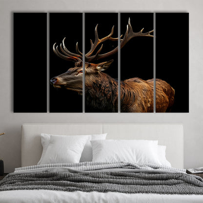 Portrait Elk With Antlers Black Background, Hunting Art V3, Multi Panels Canvas Print Wall Art