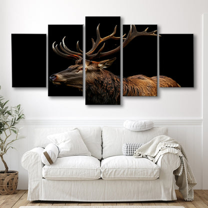 Portrait Elk With Antlers Black Background, Hunting Art Decor V3, Mixed Panels Canvas Print Wall Art