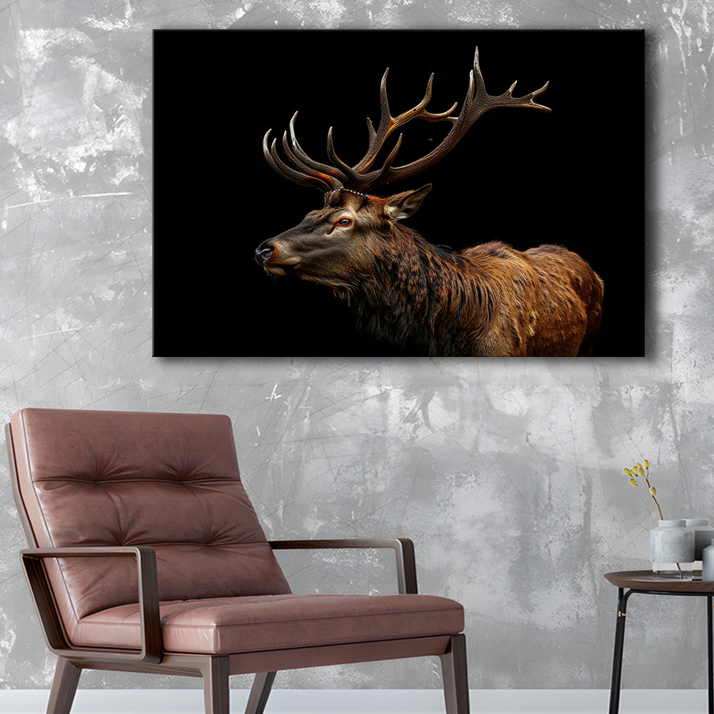Portrait Elk With Antlers Black Background, Hunting Art Decor V3, Canvas Print Wall Art Home Decor