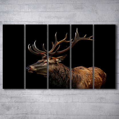 Portrait Elk With Antlers Black Background, Hunting Art V3, Multi Panels Canvas Print Wall Art