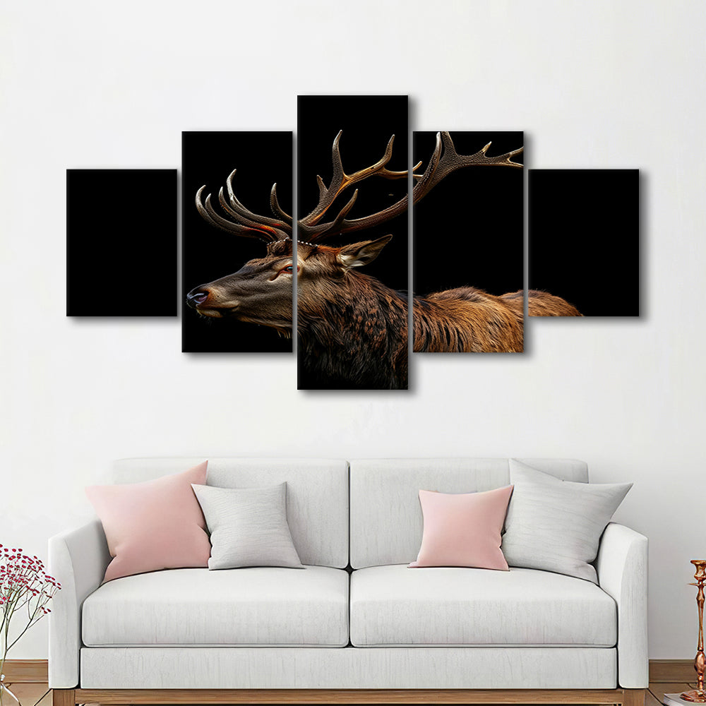 Portrait Elk With Antlers Black Background, Hunting Art Decor V3, Mixed Panels Canvas Print Wall Art