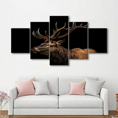 Portrait Elk With Antlers Black Background, Hunting Art Decor V3, Mixed Panels Canvas Print Wall Art