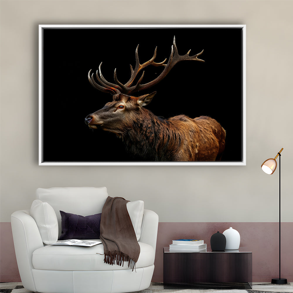 Portrait Elk With Antlers Black Background, Hunting Art Decor V3, Floating Framed Canvas Print Wall Art