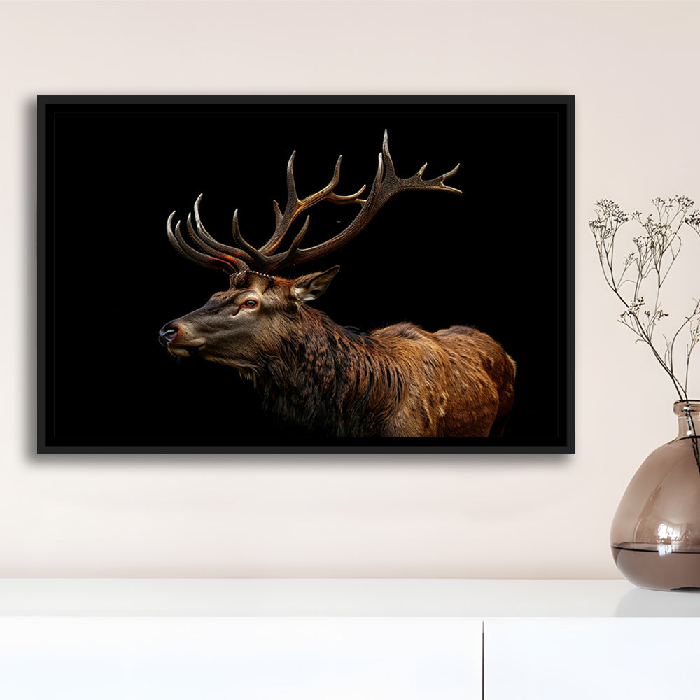 Portrait Elk With Antlers Black Background, Hunting Art Decor V3, Floating Framed Canvas Print Wall Art