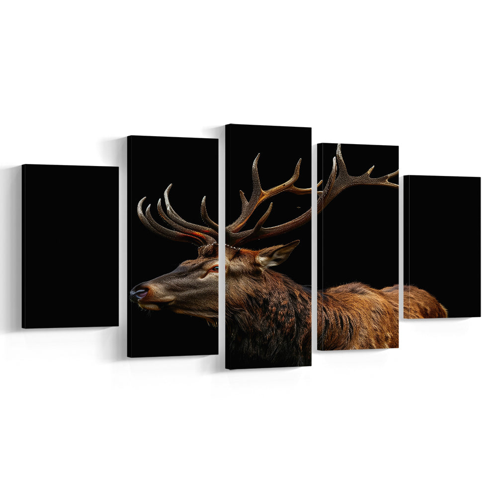 Portrait Elk With Antlers Black Background, Hunting Art Decor V3, Mixed Panels Canvas Print Wall Art