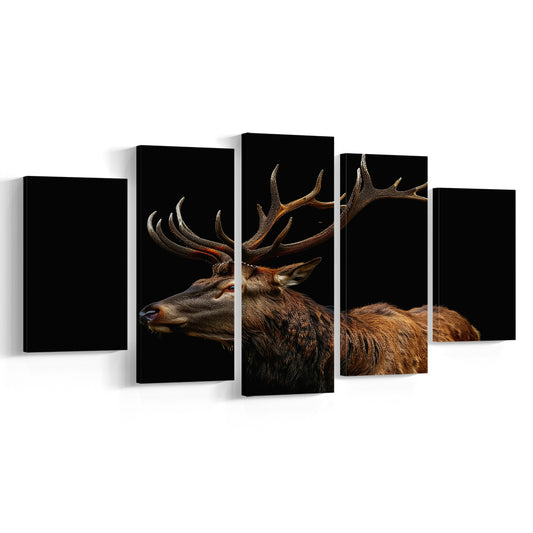 Portrait Elk With Antlers Black Background, Hunting Art Decor V3, Mixed Panels Canvas Print Wall Art