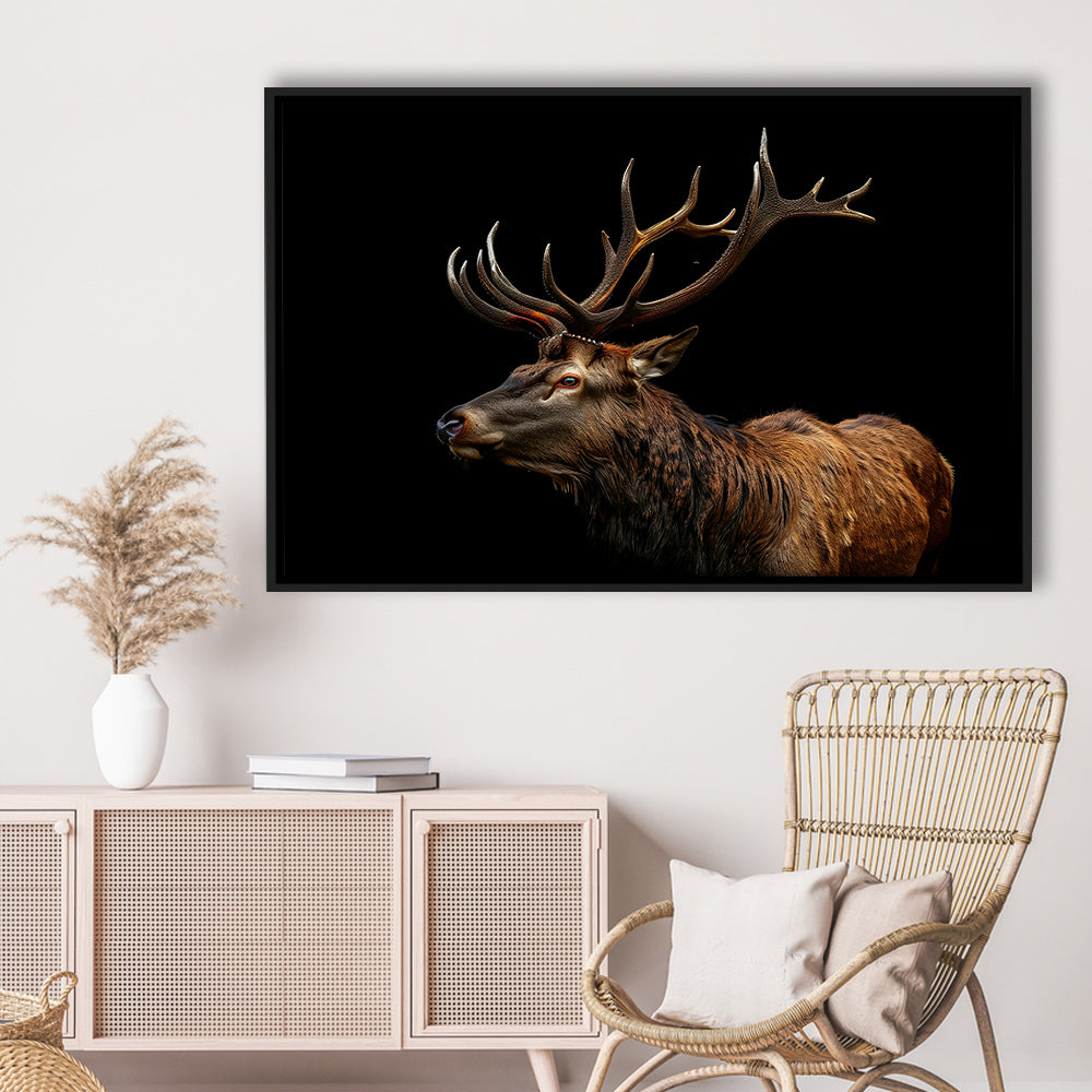 Portrait Elk With Antlers Black Background, Hunting Art Decor V3, Floating Framed Canvas Print Wall Art