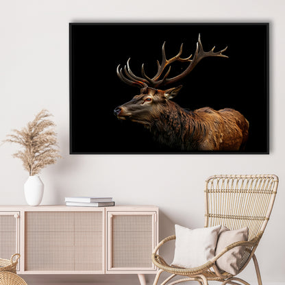 Portrait Elk With Antlers Black Background, Hunting Art Decor V3, Floating Framed Canvas Print Wall Art